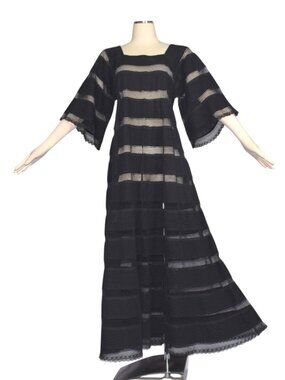 Vintage Black Mexican Pintuck Lace Maxi Dress Bell Sleeves Boho 60s 70s Size M